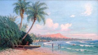 Surreal photo of Waikiki Beach in 1928 and VR flight simulators in 2025.
