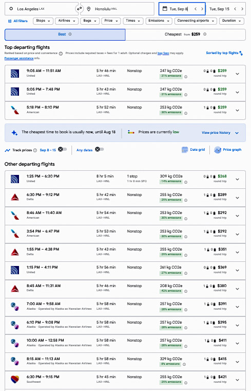 Hawaii airfare $259