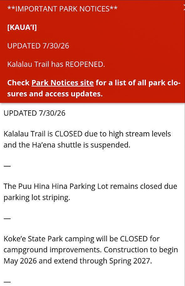 Kalalau trail notice